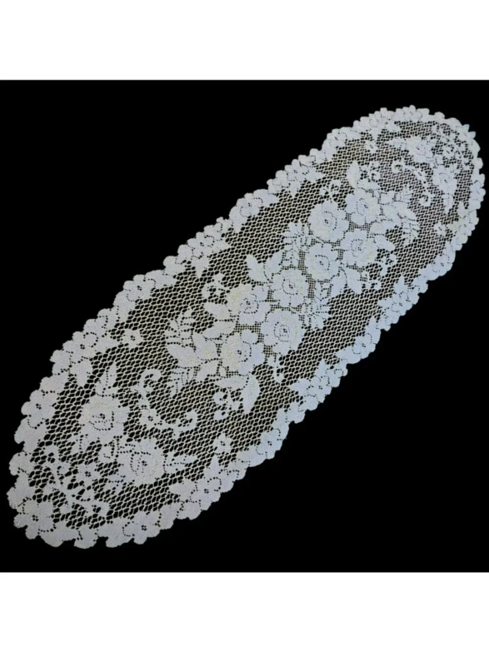 VTG Pale Blue Victorian Rose Floral Lace Oval Table Runner Elegant Home Decor